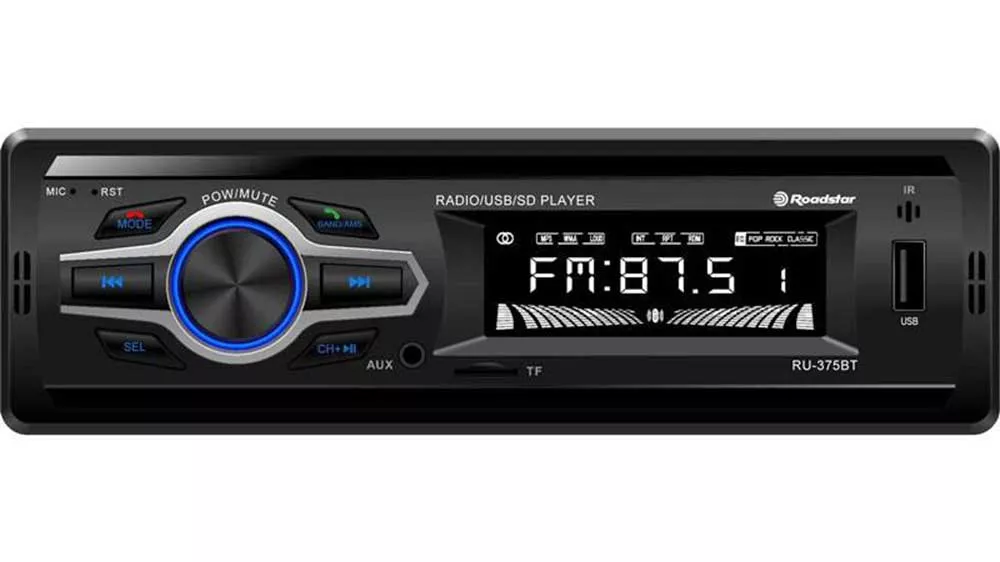Autorádio Roadstar RU-375BT s digitálnym displejom, modro podsvieteným ovládačom hlasitosti a vstupmi pre USB, AUX a TF kartu.