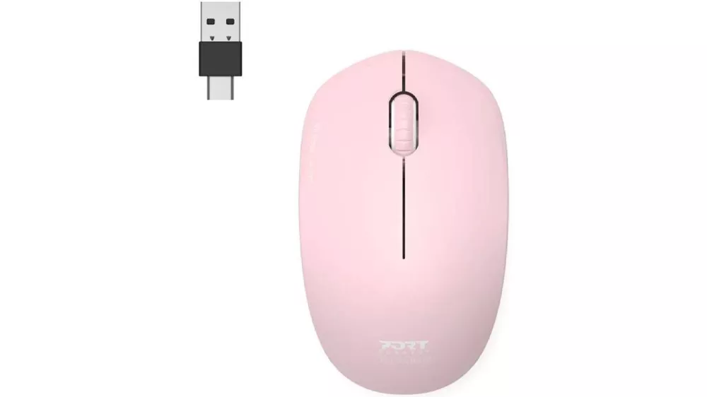 Ružová bezdrôtová myš PORT CONNECT s rolovacím kolieskom a USB prijímačom.