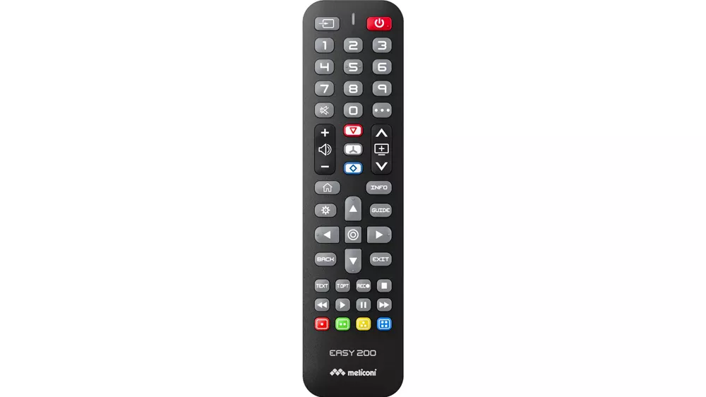 Čierny diaľkový ovládač Meliconi EASY 200 s prehľadným usporiadaním tlačidiel pre televízory LG.