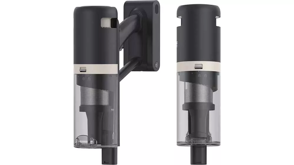 Ručná jednotka vysávača Hoover HFG10H 011 v nástennom držiaku a samostatne z čelného pohľadu.