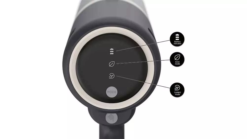 Ovládací LED panel vysávača Hoover zobrazuje indikátor stavu batérie, režimy Eco a Turbo a tlačidlo Mode.