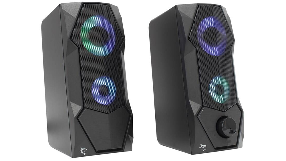 Čierne herné reproduktory White Shark FLOW 2.0 RGB s farebným podsvietením meničov a otočným ovládačom hlasitosti.