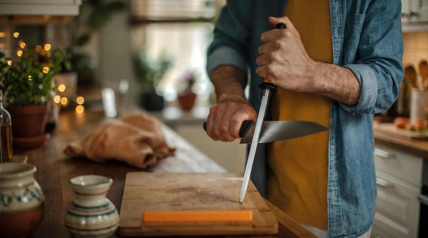 Muž brousí čepel kuchyňského nože o ocílku Fiskars Functional Form opřenou o dřevěné prkénko.