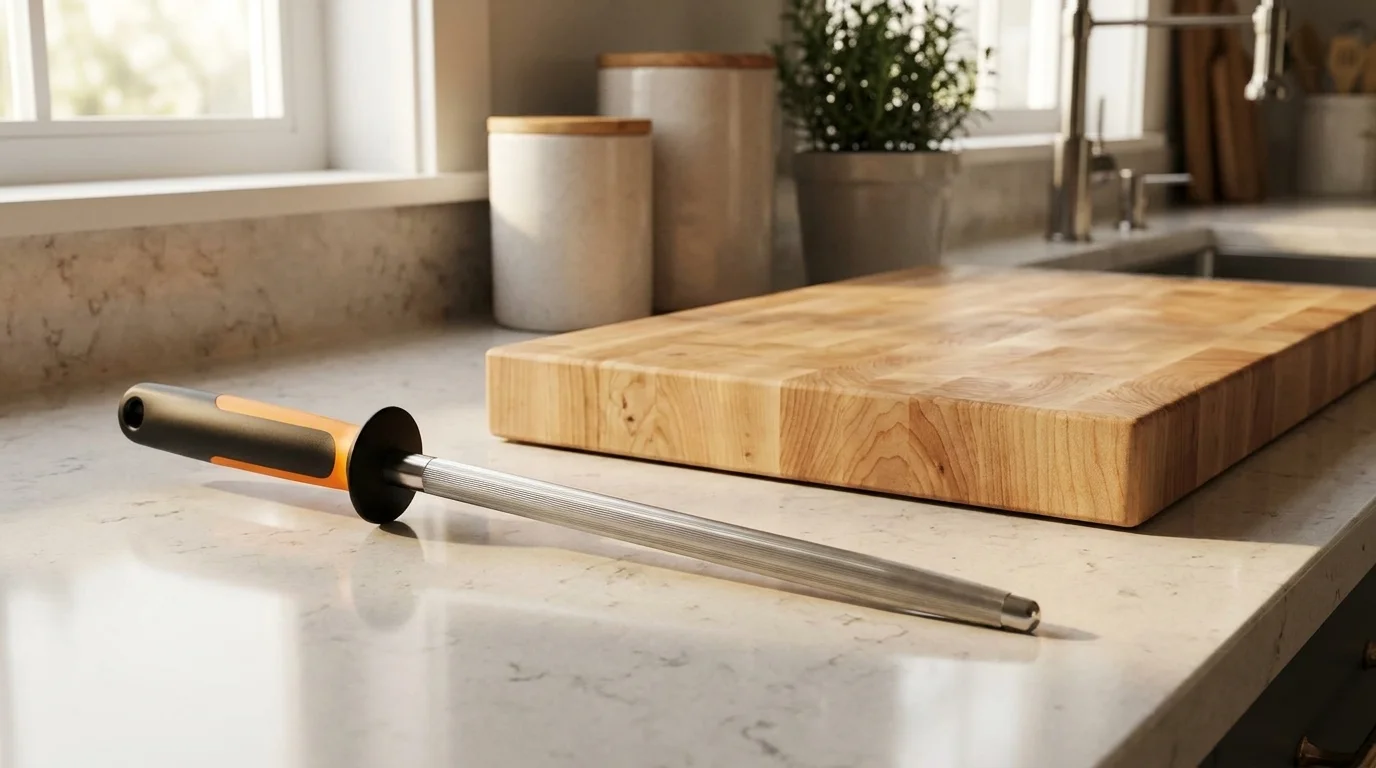 Ocílka Fiskars Functional Form s černooranžovou rukojetí ležící na kuchyňské lince vedle dřevěného prkénka.