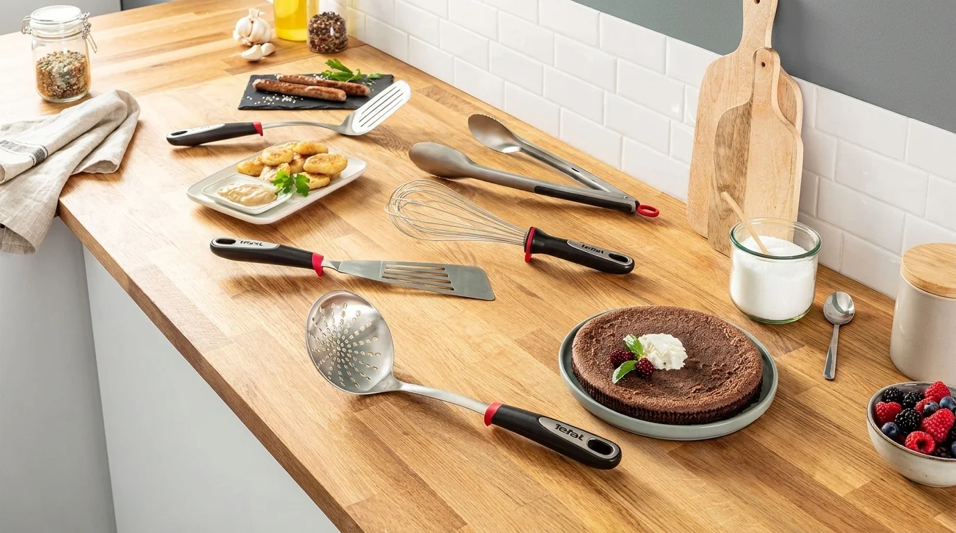 Nerezová šlehací metla a další kuchyňské náčiní Tefal Ingenio na dřevěné lince s připraveným jídlem a koláčem.