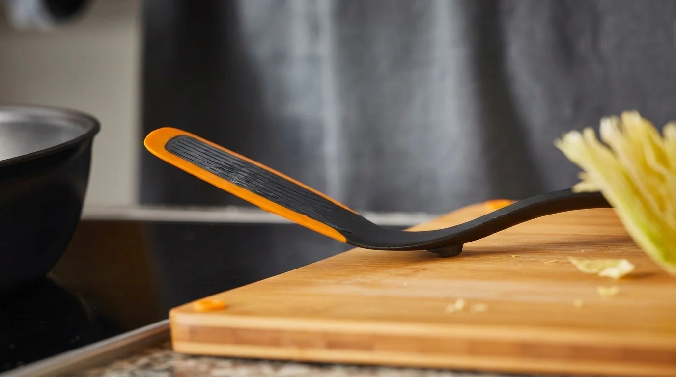 Černá kuchyňská obracecí lopatka Fiskars s oranžovým silikonovým okrajem položená na dřevěném prkénku.