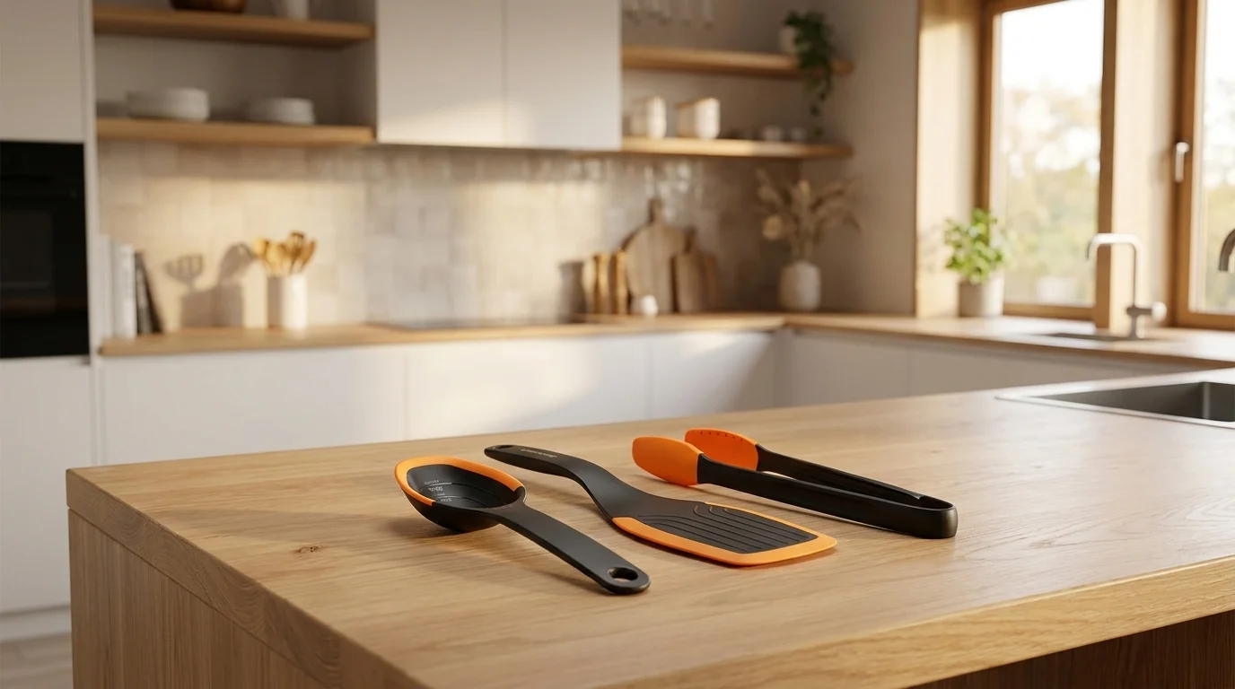 Černá kuchyňská lžíce, obracečka a kleště Fiskars Functional Form s oranžovými okraji na dřevěné lince.