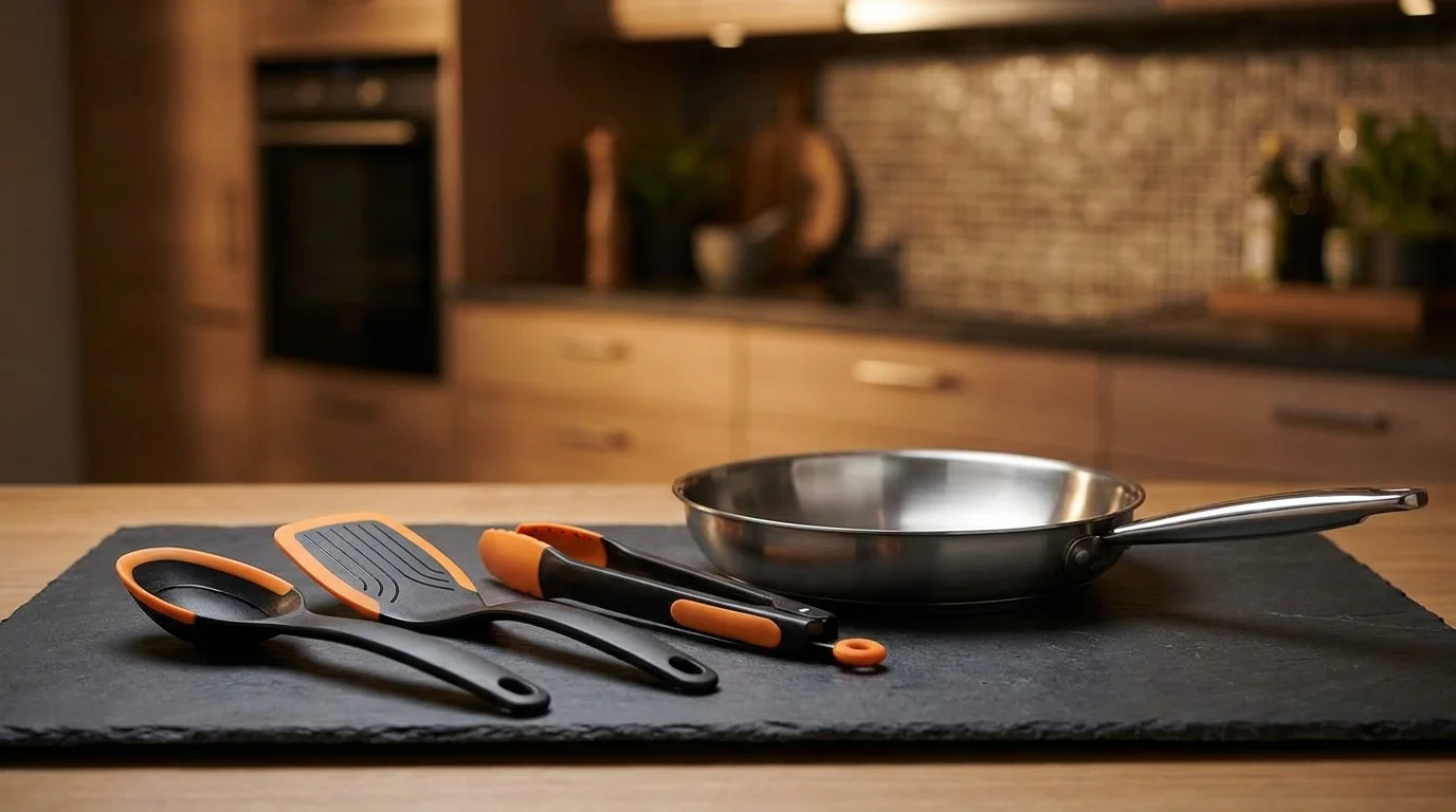 Černooranžová lžíce, obracečka a kleště Fiskars Functional Form ležící vedle nerezové pánve na tmavé podložce.