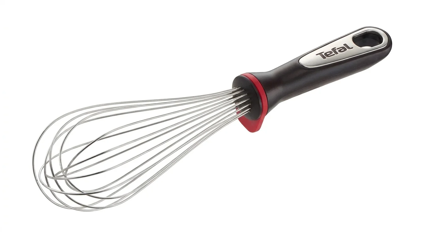 Šlehací metla Tefal Ingenio s nerezovými dráty, černou rukojetí a červeným ochranným kroužkem.