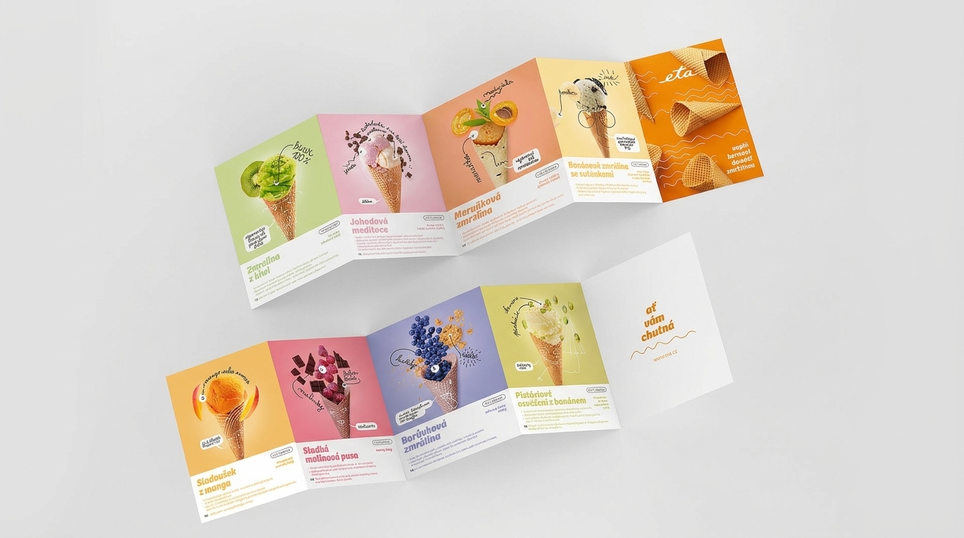 Rozložený receptár k nadstavcu ETA s farebnými ilustráciami a receptami na domácu zmrzlinu v kornútkoch.