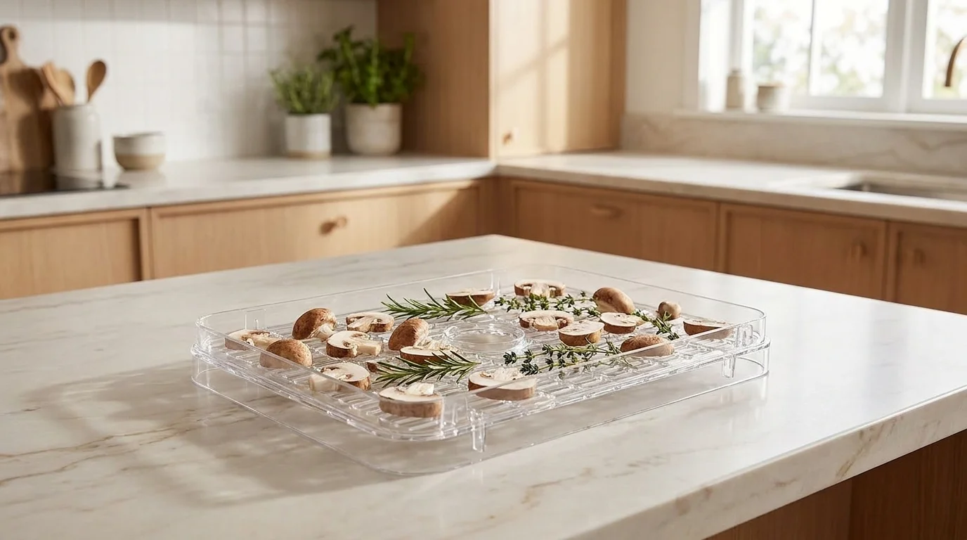 Čiré sušicí plato Sencor SFX 95 s plátky hub a čerstvými bylinkami položené na světlé kuchyňské lince.