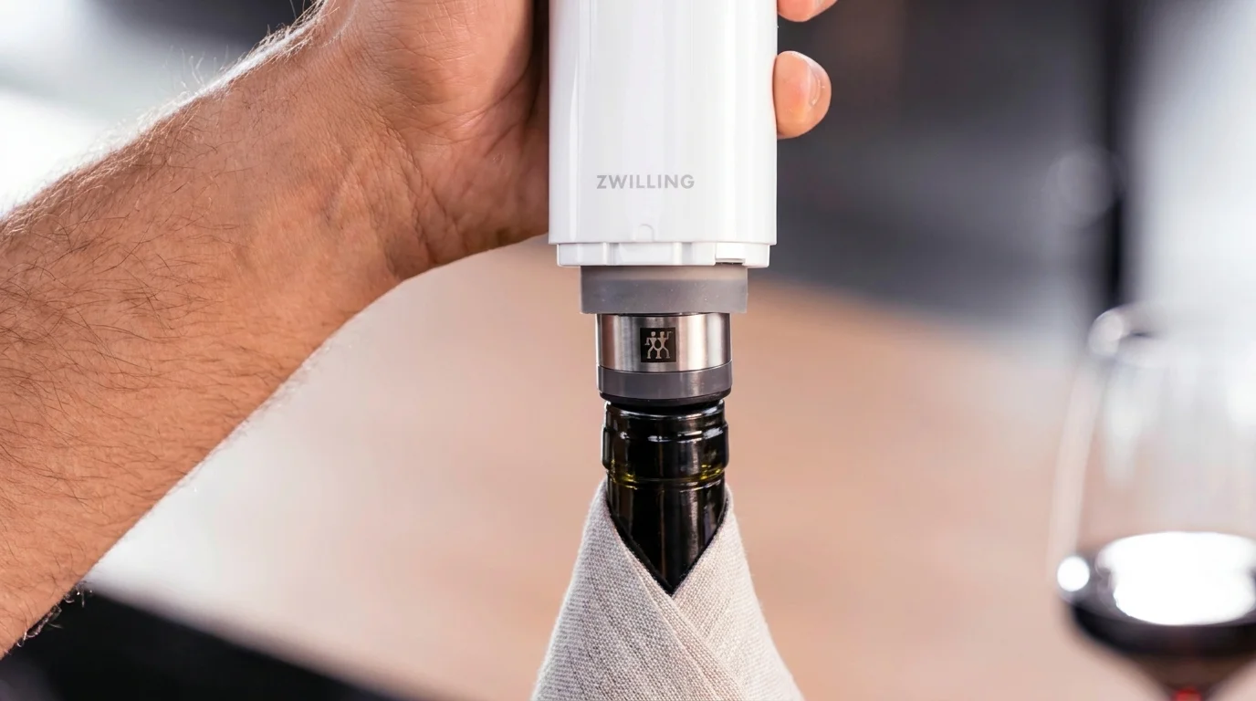 Elektrická vakuová pumpa Zwilling odsává vzduch přes vakuovací uzávěr na láhvi vína.