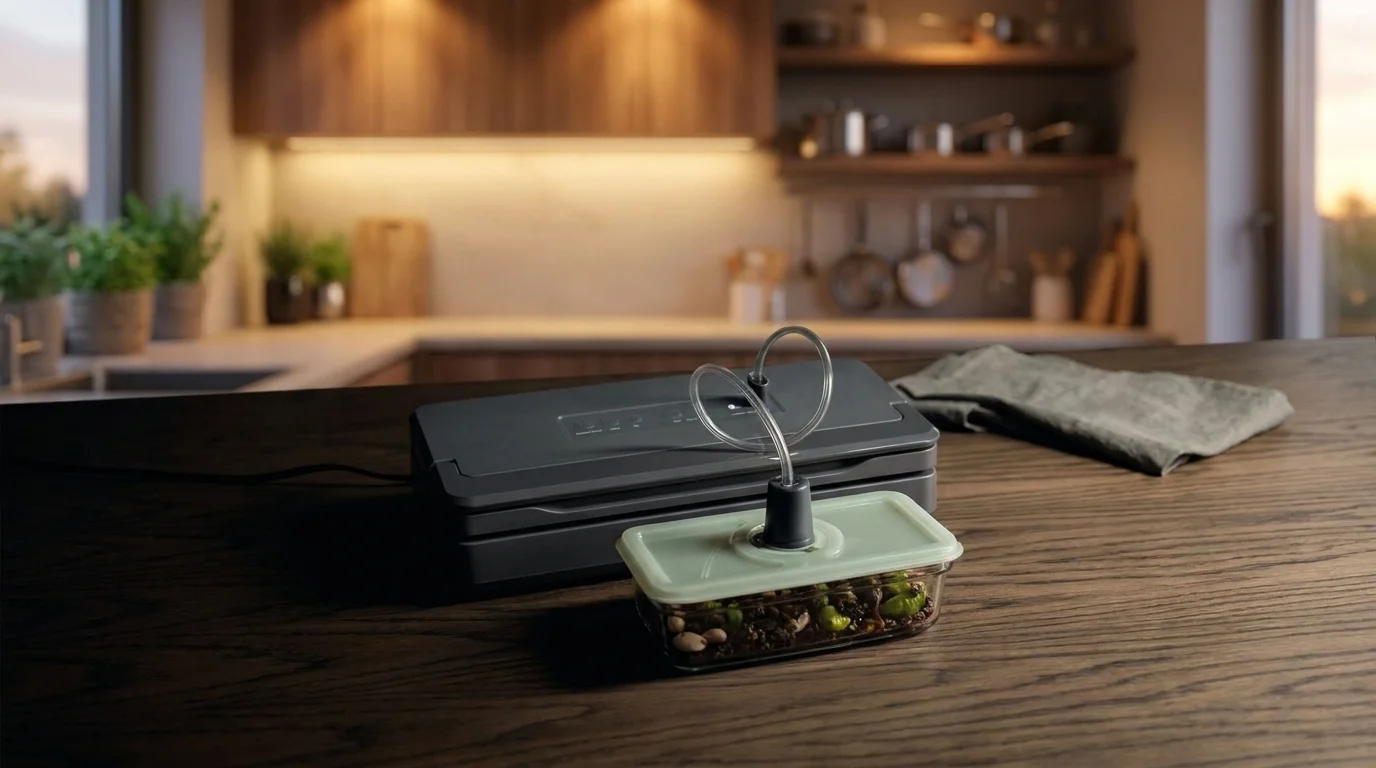 Vakuová nádoba Electrolux naplněná surovinami propojená odsávací hadičkou s vakuovačkou na kuchyňské lince.