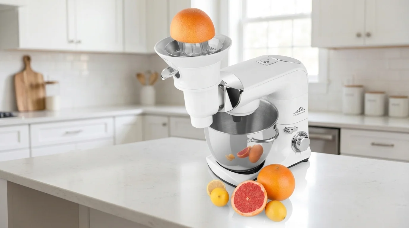 Lis na citrusy ETA 0028 98020 nasazený na kuchyňském robotu s citrusovými plody na kuchyňské lince.