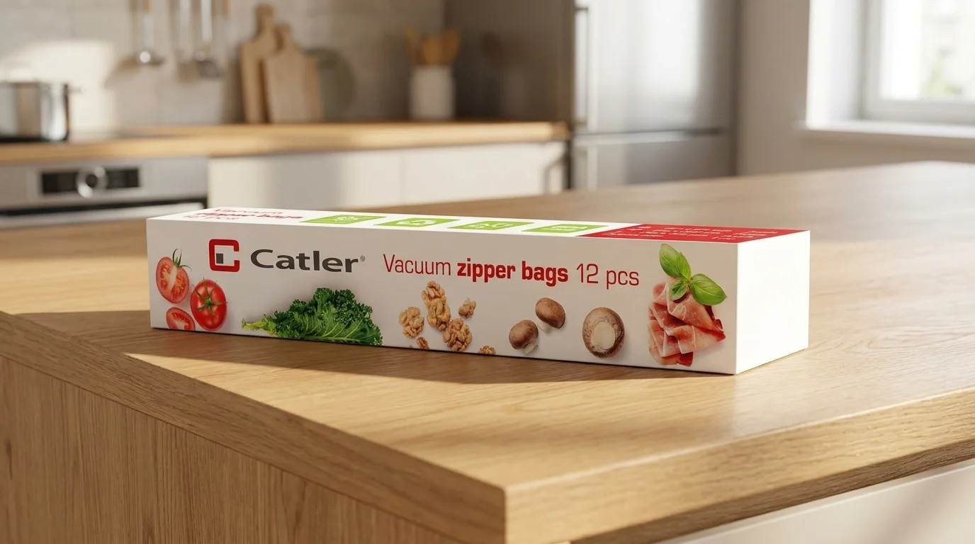 Balenie vákuovacích vreciek Catler Zip 12 ks na drevenej kuchynskej linke.