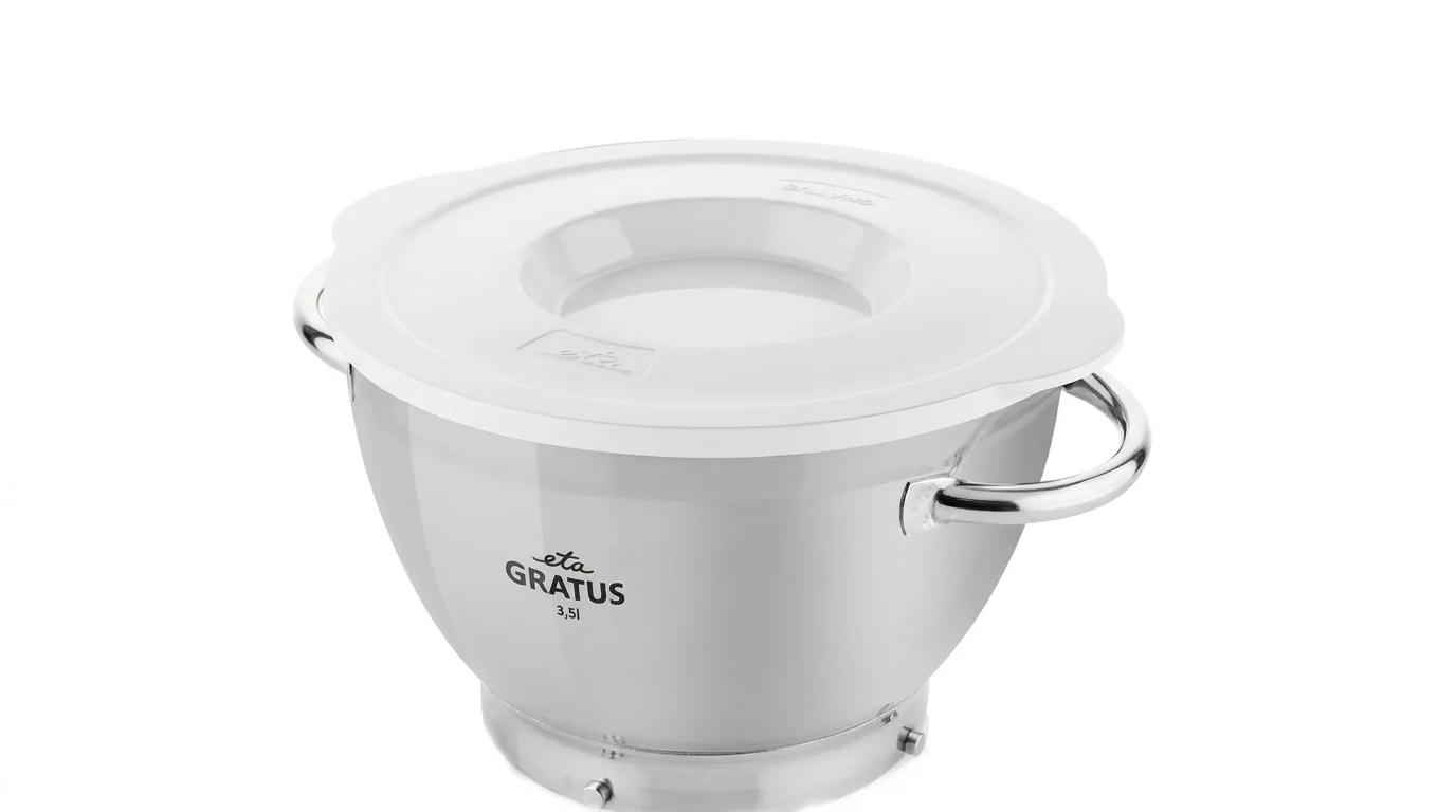 Nerezová mísa ETA Gratus o objemu 3,5 l s bočními držadly a plastovým víkem.