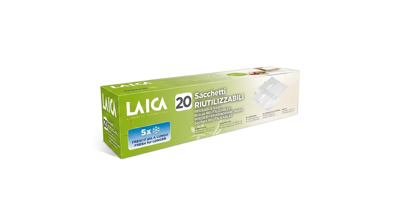 Zelenobílé balení 20 kusů opakovaně použitelných sáčků do vakuovačky Laica.