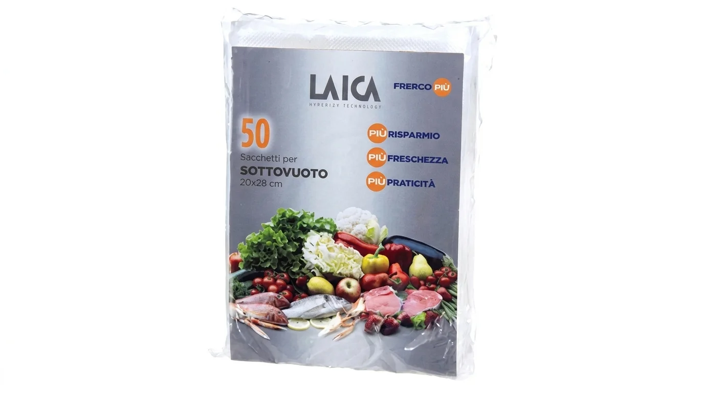 Balení 50 kusů vakuovacích sáčků Laica o rozměrech 20 × 28 cm s vyobrazením zeleniny, ryb a masa.