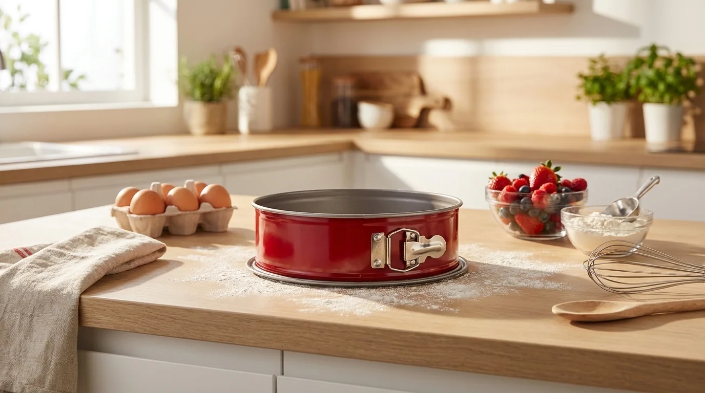 Červená rozkládací forma na dort Tefal Delibake na pomoučené dřevěné lince vedle vajec, mísy s ovocem a metly.