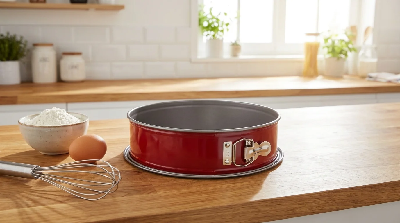 Červená rozkládací forma na dort Tefal Delibake na dřevěné lince vedle šlehací metly, vejce a misky s moukou.