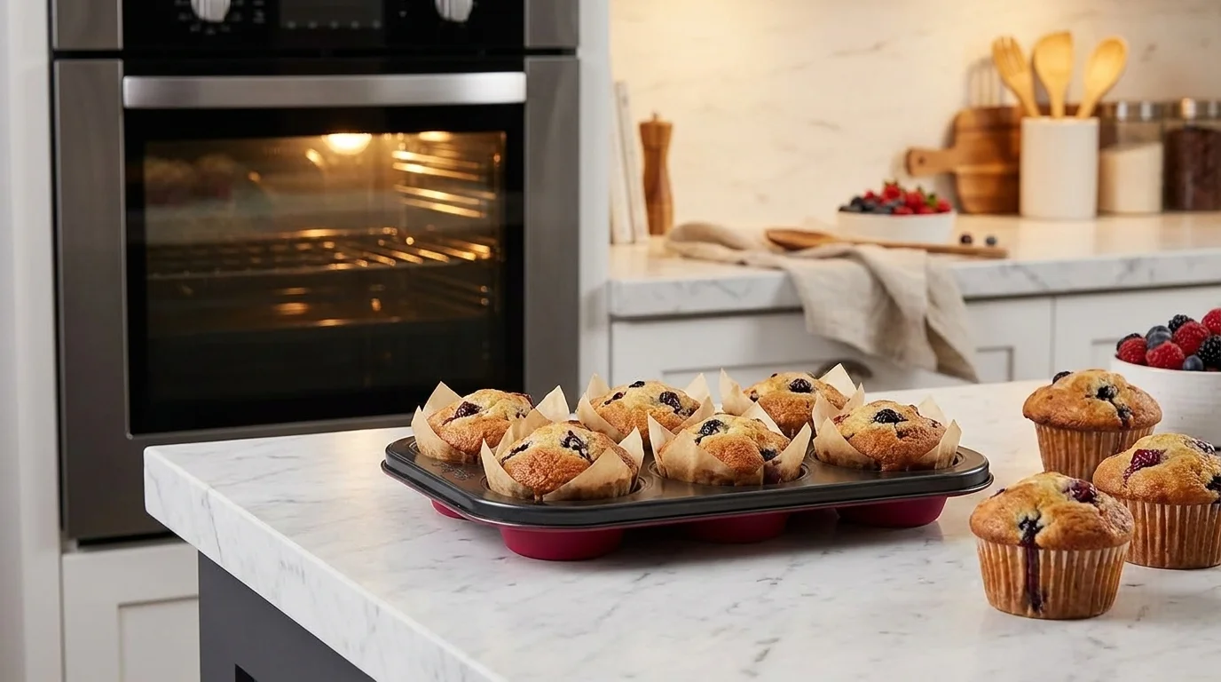 Forma na muffiny Lamart LT3071 s čerstvě upečenými muffiny na kuchyňské lince před troubou.