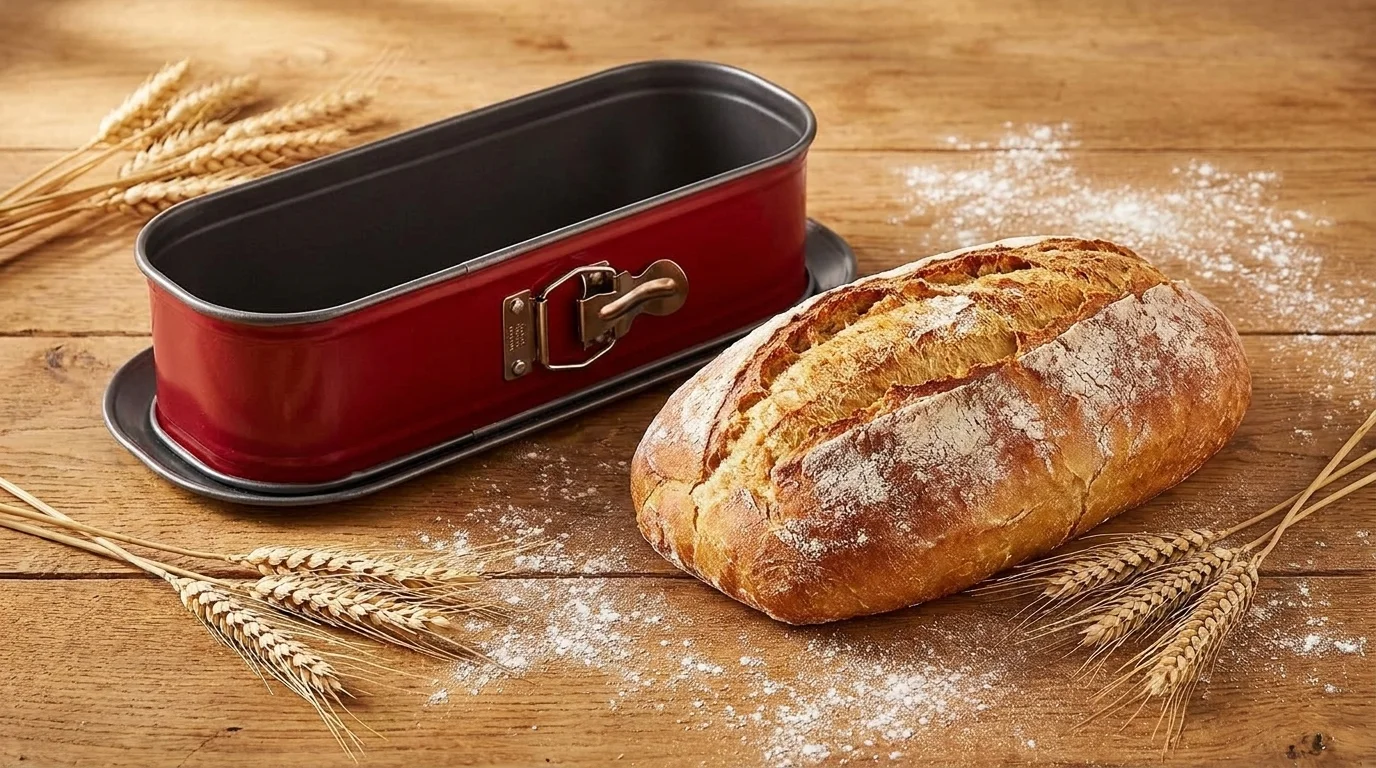 Červená rozkládací forma na chléb Tefal Delibake vedle upečeného bochníku chleba na dřevěném stole s pšeničnými klasy.