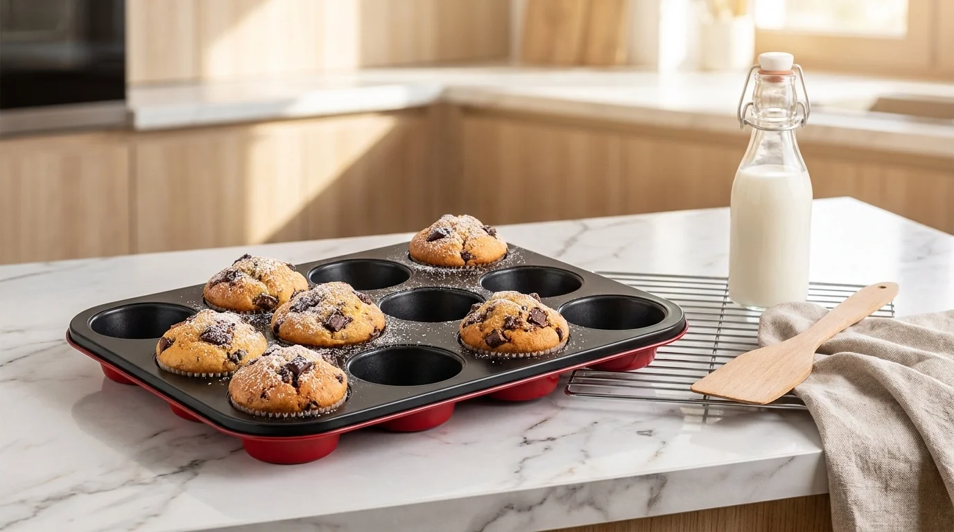 Forma na muffiny Lamart LT3072 s upečenými muffinmi položená na kuchynskej linke vedľa fľaše s mliekom.