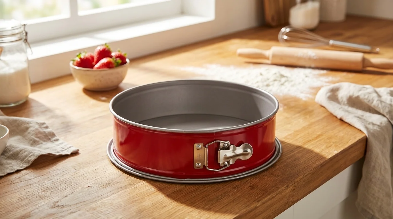 Červená rozkládací forma na dort Tefal Delibake s kovovou sponou položená na dřevěné kuchyňské lince.