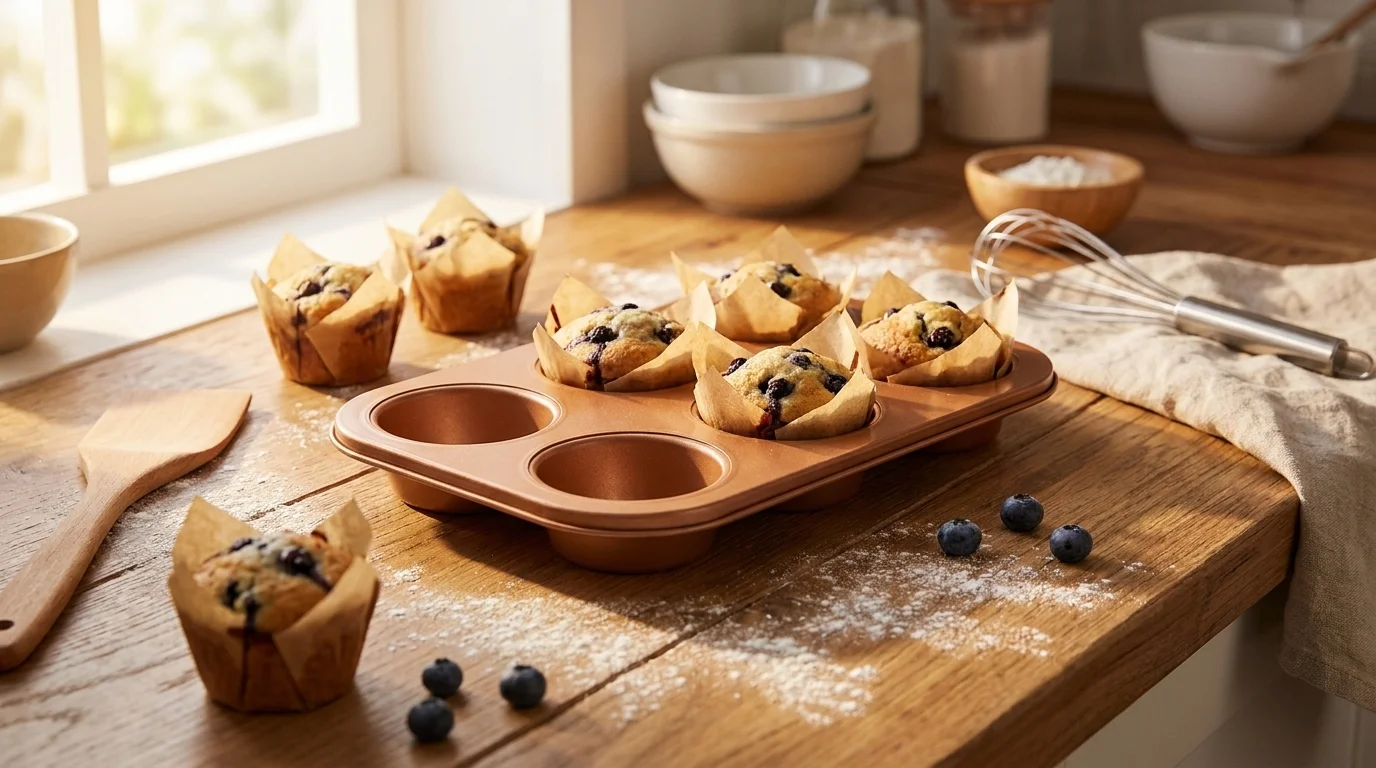 Medená forma na muffiny Lamart s upečenými čučoriedkovými muffinmi v papierových košíčkoch na drevenom stole.