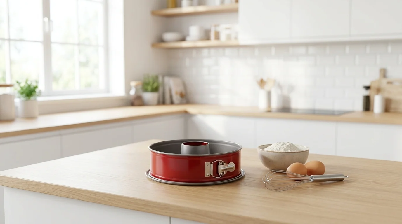 Červená rozkládací forma na bábovku Tefal Delibake na kuchyňské lince vedle mísy s moukou, vajec a šlehací metly.