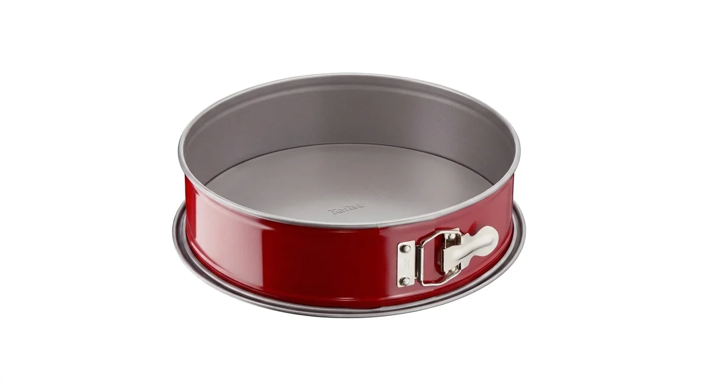 Červená rozkládací forma na dort Tefal Delibake s kovovou přezkou a šedým nepřilnavým povrchem.