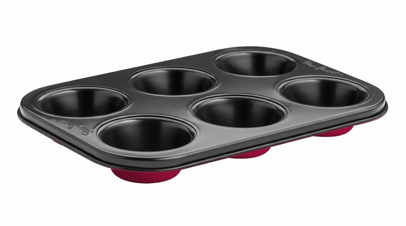 Černá forma na pečení 6 muffinů Lamart LT3071 s červenou spodní stranou.
