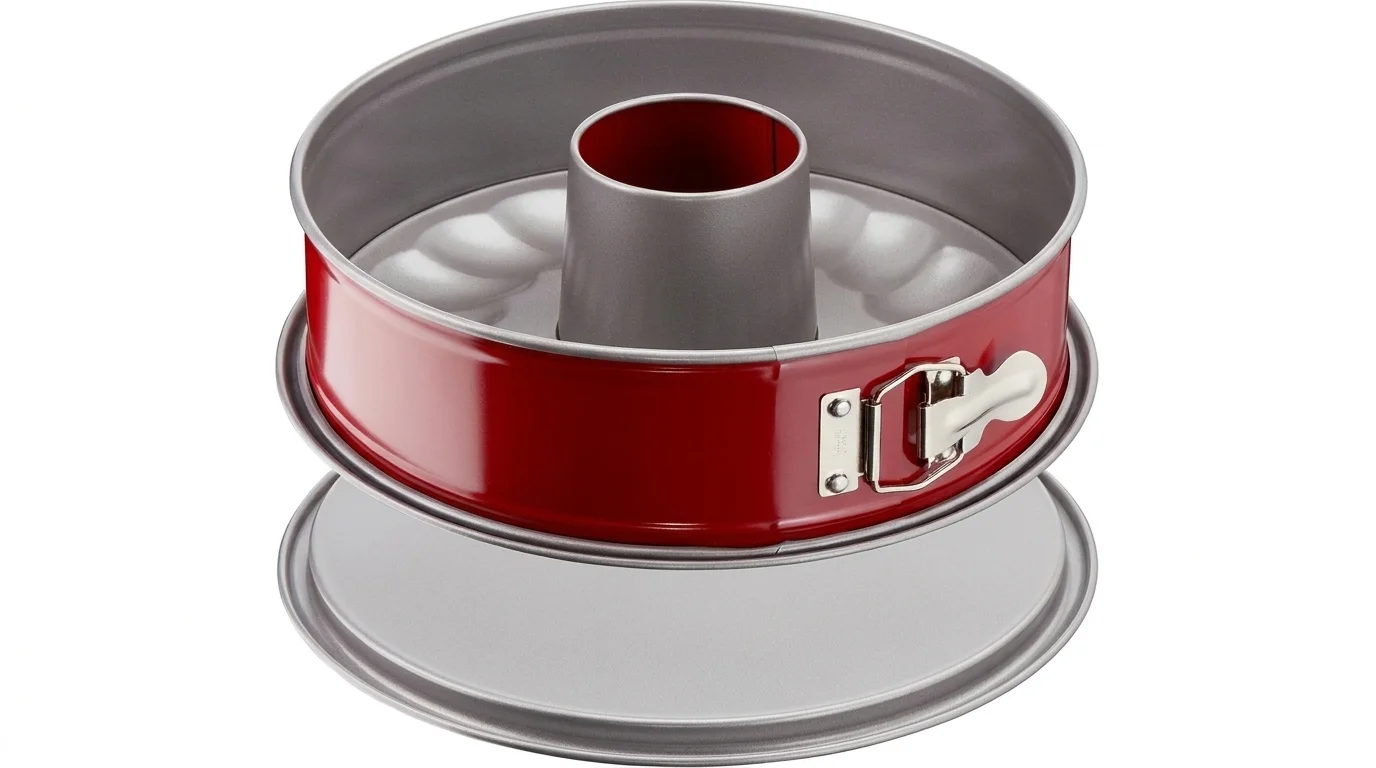 Červená rozkládací forma na bábovku Tefal Delibake se středovým komínem, kovovou přezkou a šedým vnitřním povrchem.