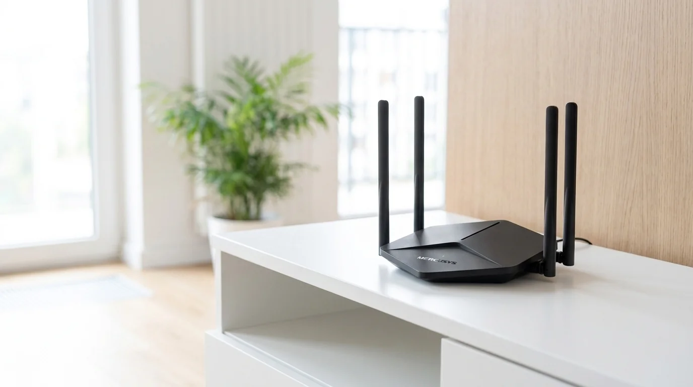 Čierny Wi-Fi router TP-Link AX270 so štyrmi anténami umiestnený na bielom stolíku v modernom interiéri.
