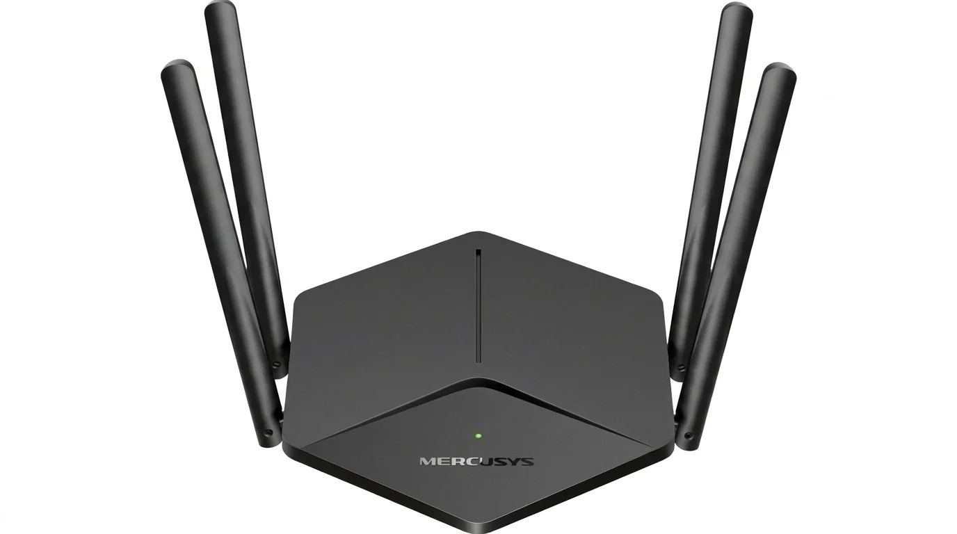 Čierny Wi-Fi router so štyrmi externými anténami, logom Mercusys a zelenou kontrolkou.