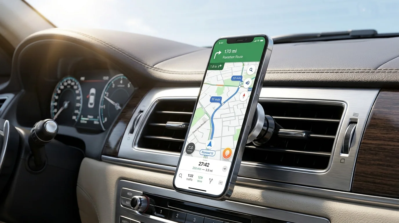 Mobilní telefon se spuštěnou navigací uchycený v magnetickém držáku Swissten v mřížce ventilace automobilu.