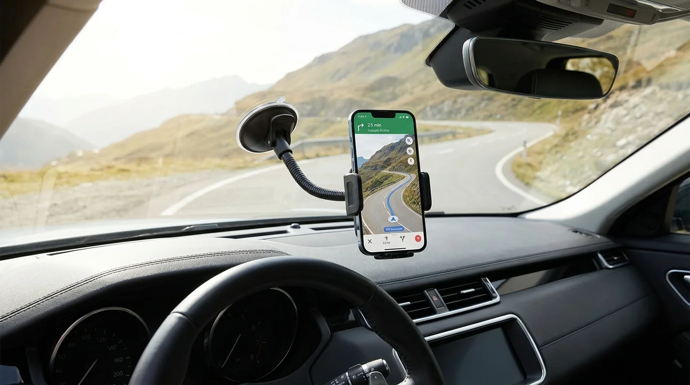Držák Swissten S-GRIP S3-HK s ohebným ramenem připevněný přísavkou na čelní sklo auta drží telefon s navigací.