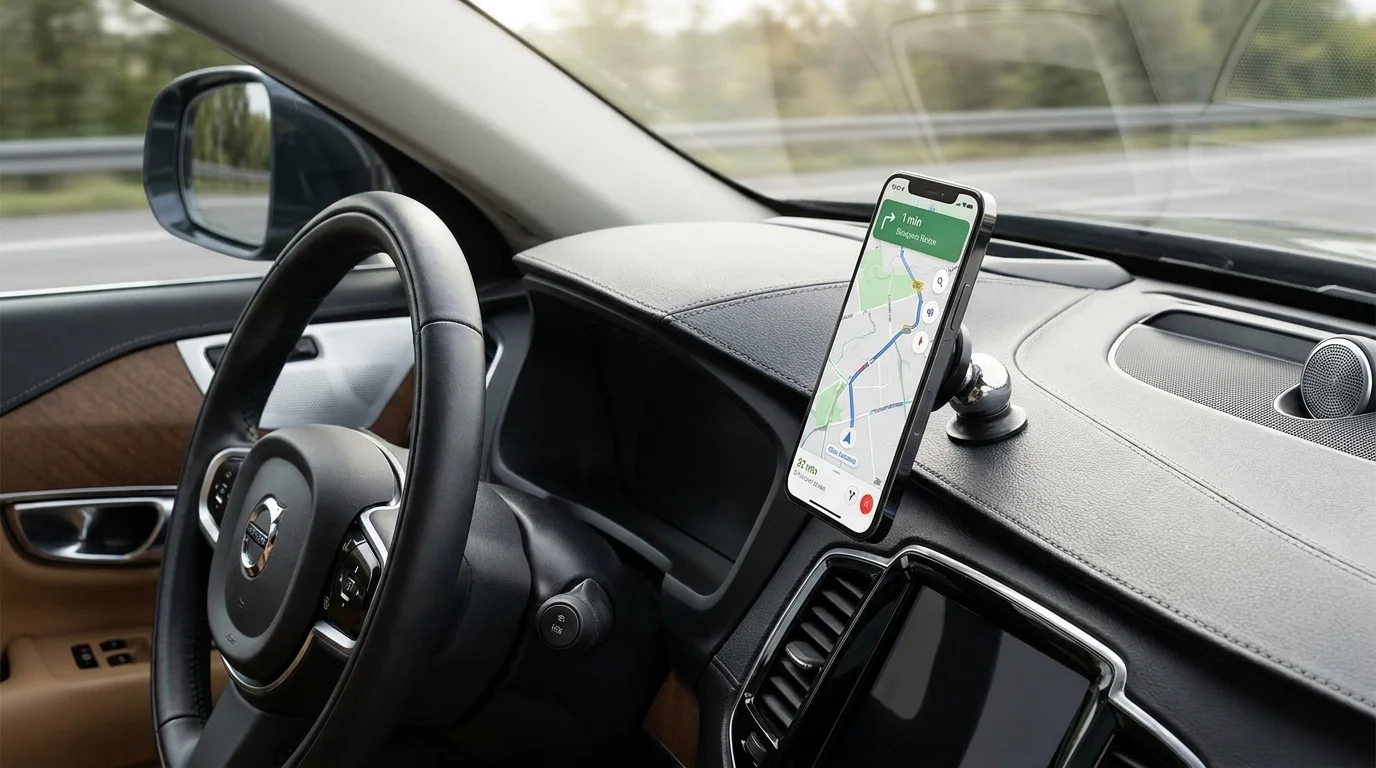 Telefon s navigací přichycený na magnetickém držáku SWISSTEN S-GRIP Dashboard M2 na palubní desce auta.