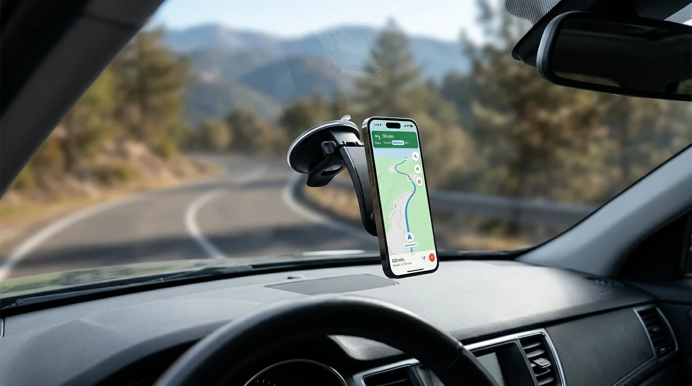 Držák telefonu Swissten S-GRIP M5-R1 připevněný na čelním skle auta drží mobilní telefon se spuštěnou navigací.