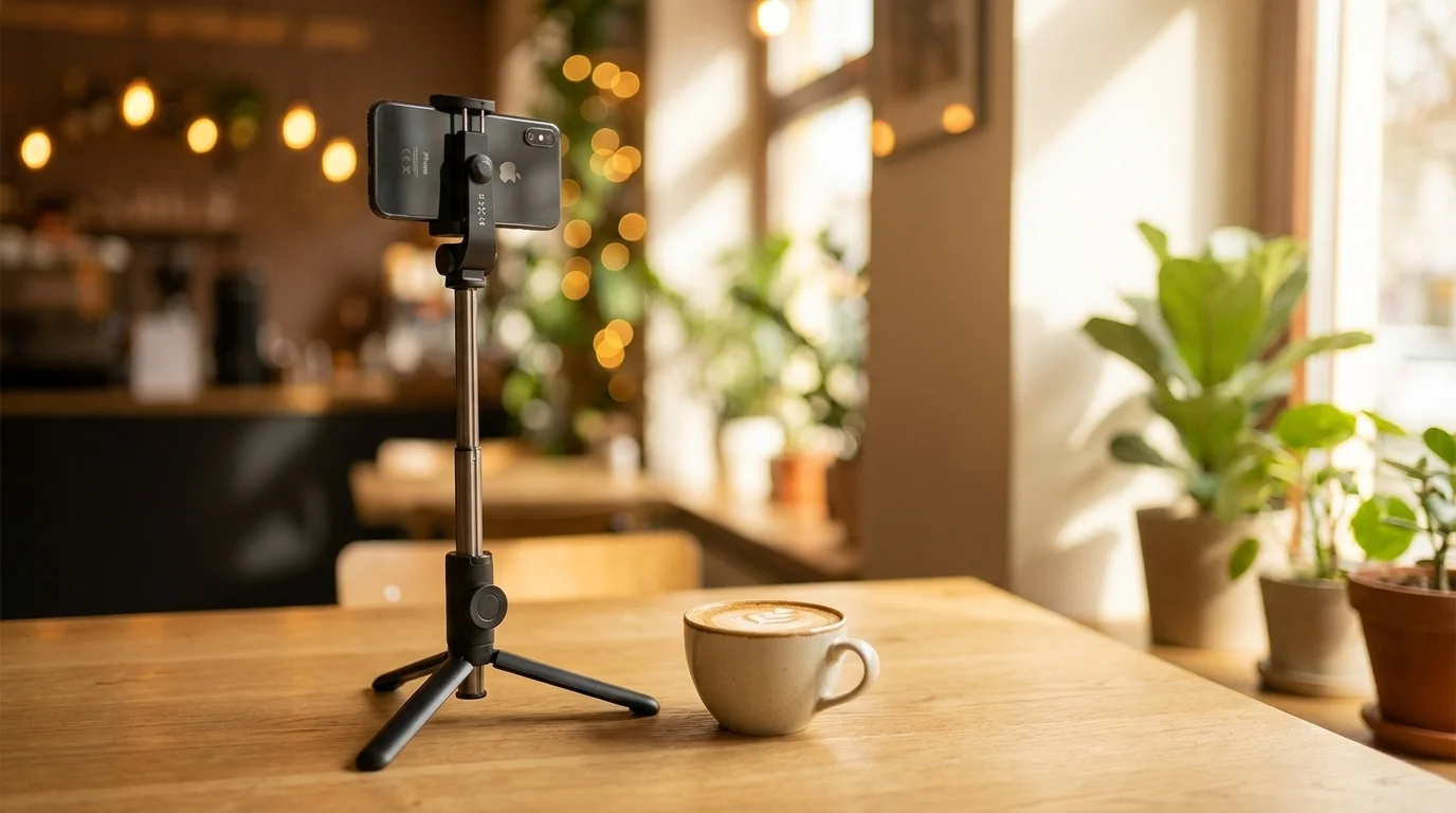 Selfie tyč FIXED Snap Lite rozložená jako tripod s upevněným telefonem stojí na dřevěném stole vedle šálku kávy.