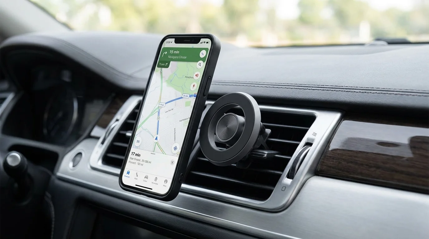 Telefon se spuštěnou navigací přichycený na magnetickém držáku Epico Magnetic Holder Space Gray ve ventilační mřížce auta.