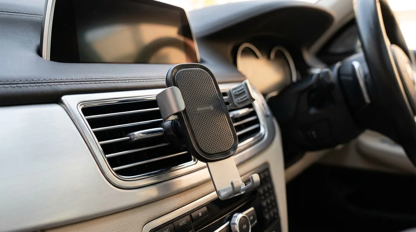 Držák telefonu Swissten S-GRIP G1-AV3 uchycený v mřížce ventilace automobilu.