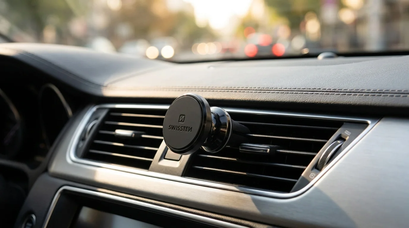 Černý magnetický držák telefonu Swissten S-GRIP AV-M9 upevněný v mřížce ventilace automobilu.