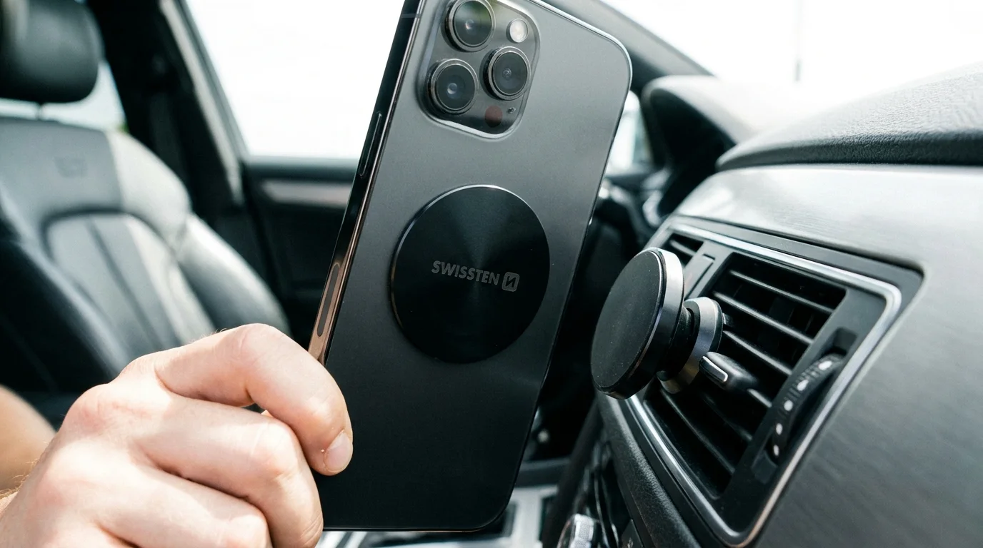 Ruka přibližuje telefon s černým kulatým kovovým štítkem Swissten k magnetickému držáku v mřížce ventilace auta.