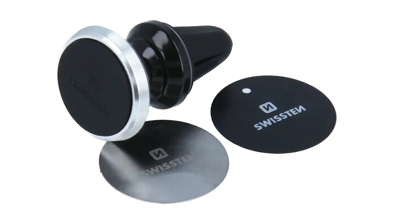 Magnetický držák telefonu Swissten S-GRIP AV-M9 Silver do mřížky ventilace se dvěma kulatými kovovými destičkami s logem.