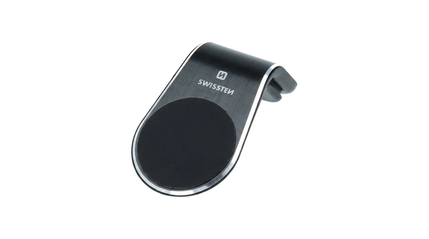 Černý magnetický držák telefonu Swissten Easy Mount do mřížky ventilace se stříbrným lemováním a logem značky.