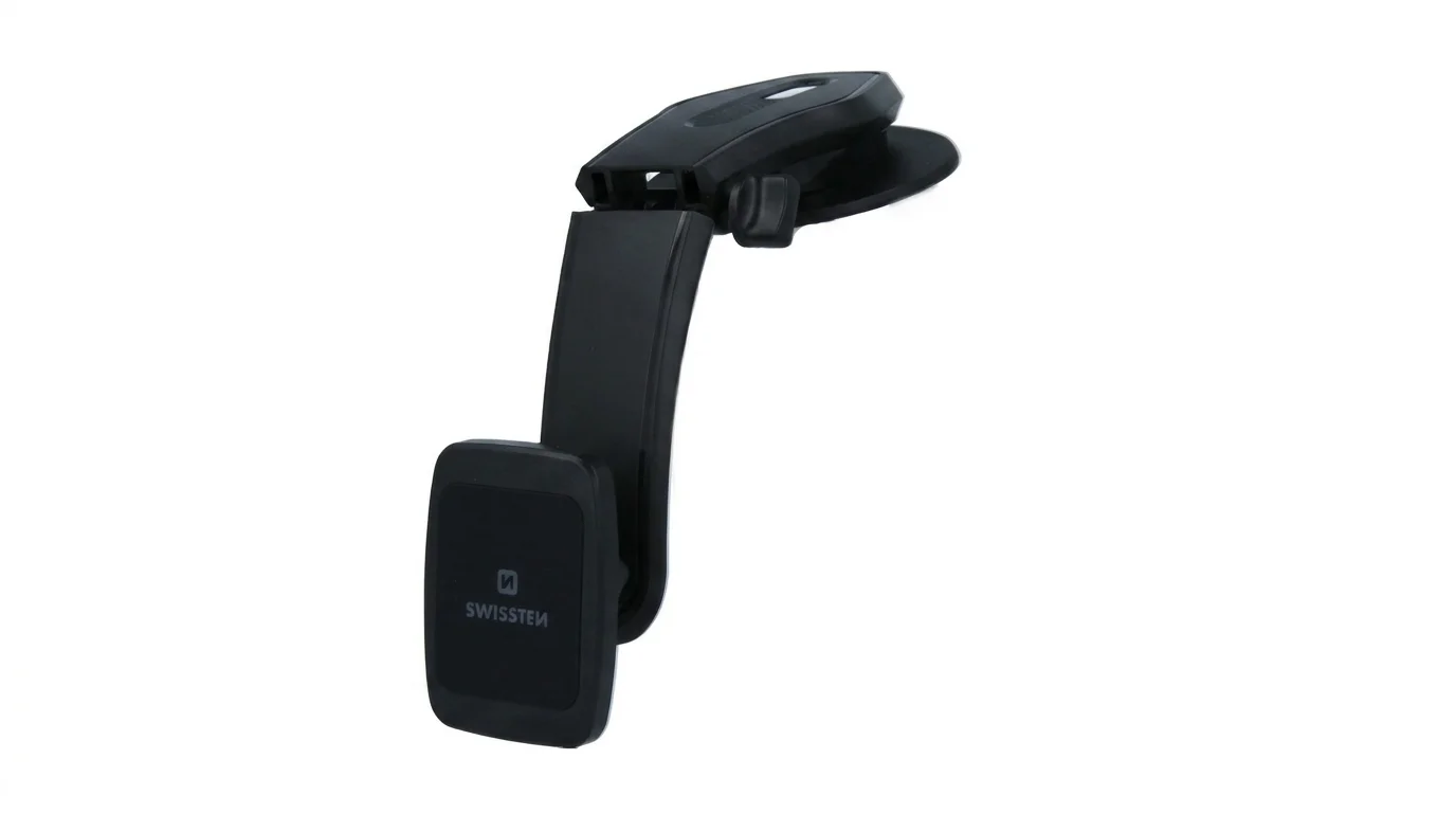 Černý magnetický držák telefonu Swissten S-GRIP M5-R1 s přísavkou a logem značky na magnetické ploše.