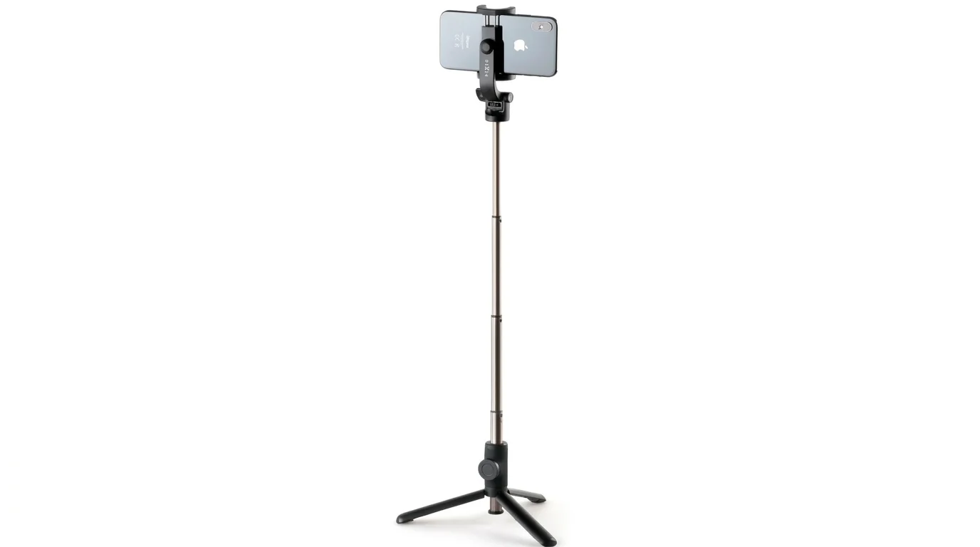 Černá selfie tyč FIXED Snap Lite s rozloženým tripodem a upevněným telefonem na bílém pozadí.