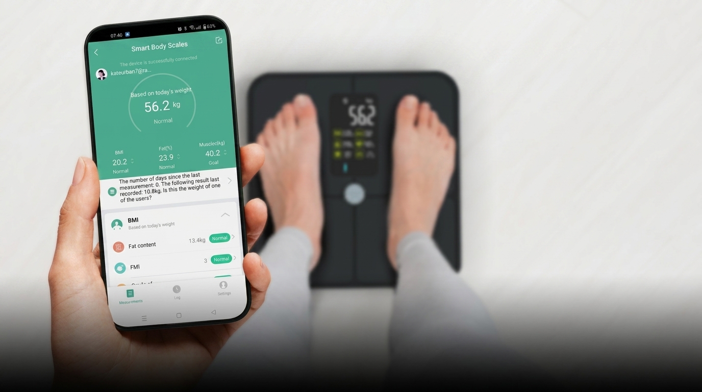 Ruka drží smartfón s aplikáciou zobrazujúcou hmotnosť 56,2 kg, zatiaľ čo v pozadí stojí človek na inteligentnej osobnej váhe AENO BS2S.