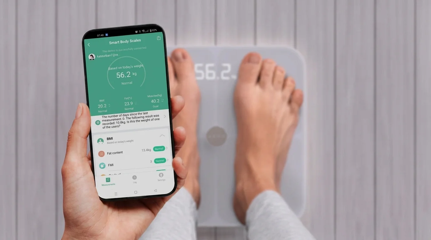 Pohled na bosé nohy na bílé osobní váze AENO BS1S a ruku držící chytrý telefon s aplikací, přičemž obě zařízení zobrazují hmotnost 56,2 kg.